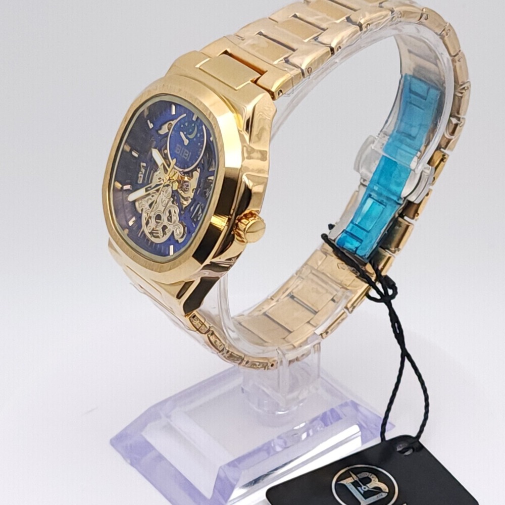 BIBI Automatic Skeleton Watch Men's Gold Tone Blue Dial 42mm Box New Luxury - Picture 12 of 17